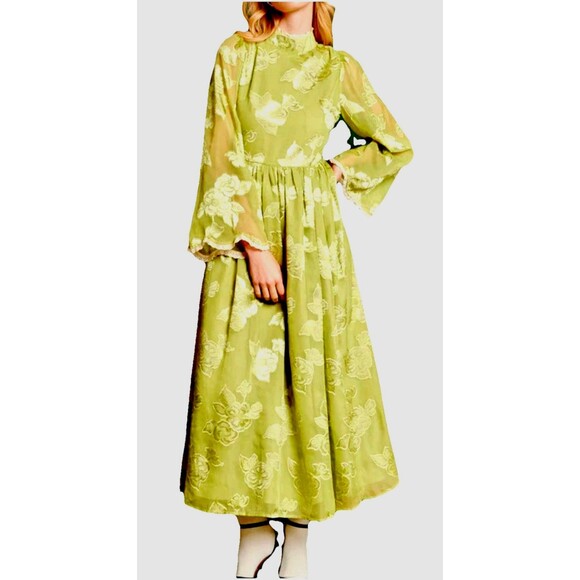 Sister Jane Emile Floral-jacquard Chiffon Midi Dress Line Green Small - Picture 1 of 8